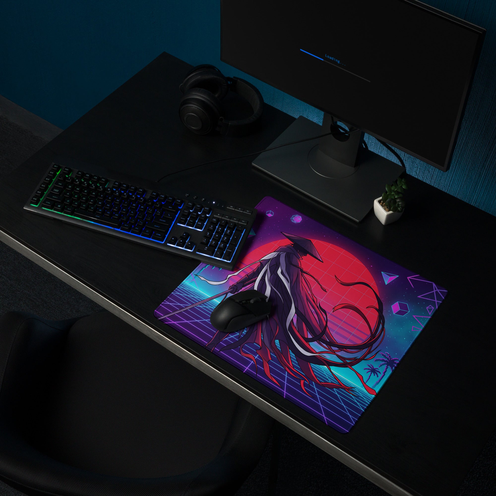 Vaporwave neon samurai gaming mousepad with vibrant purple and red cyberpunk anime design for desktop use
