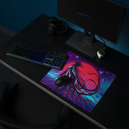 Vaporwave neon samurai gaming mousepad with vibrant purple and red cyberpunk anime design for desktop use