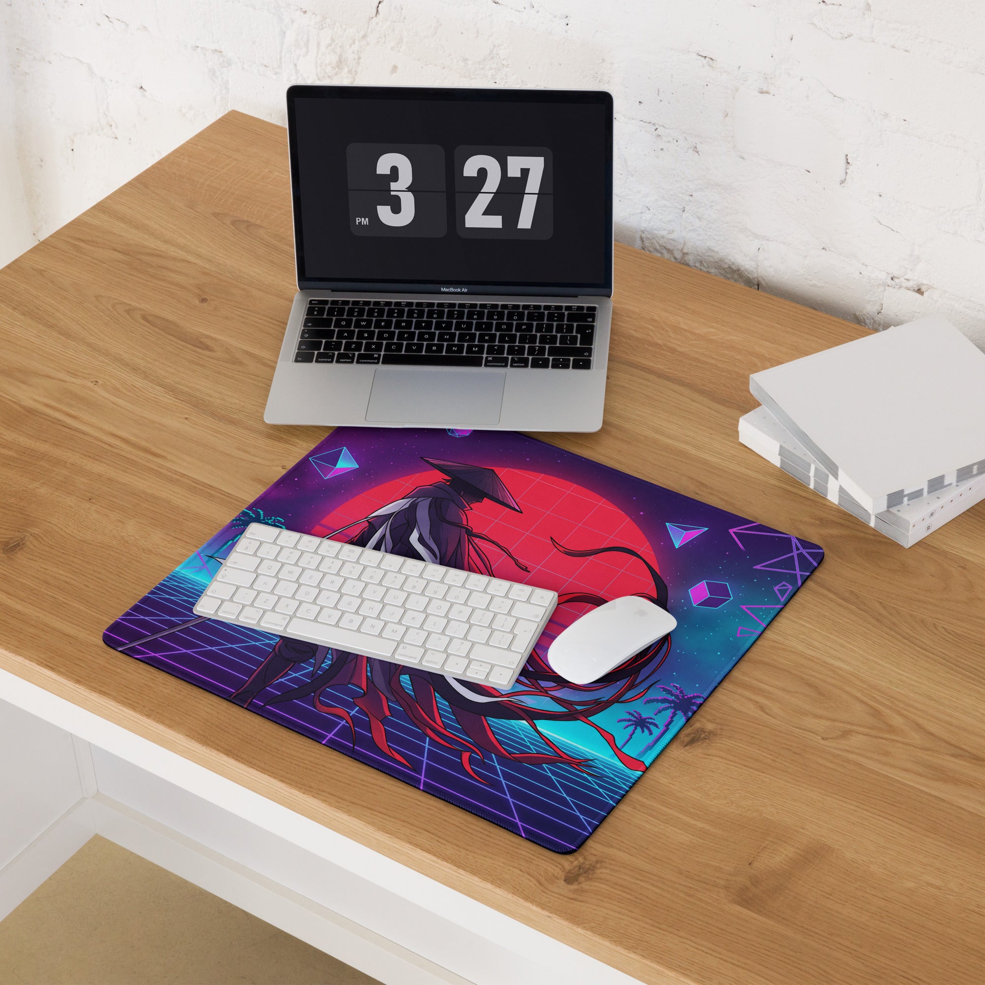 Vaporwave neon samurai mouse pad with vibrant purple blue retro-futuristic design and stylized red-haired anime character