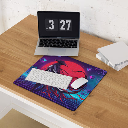 Vaporwave neon samurai mouse pad with vibrant purple blue retro-futuristic design and stylized red-haired anime character