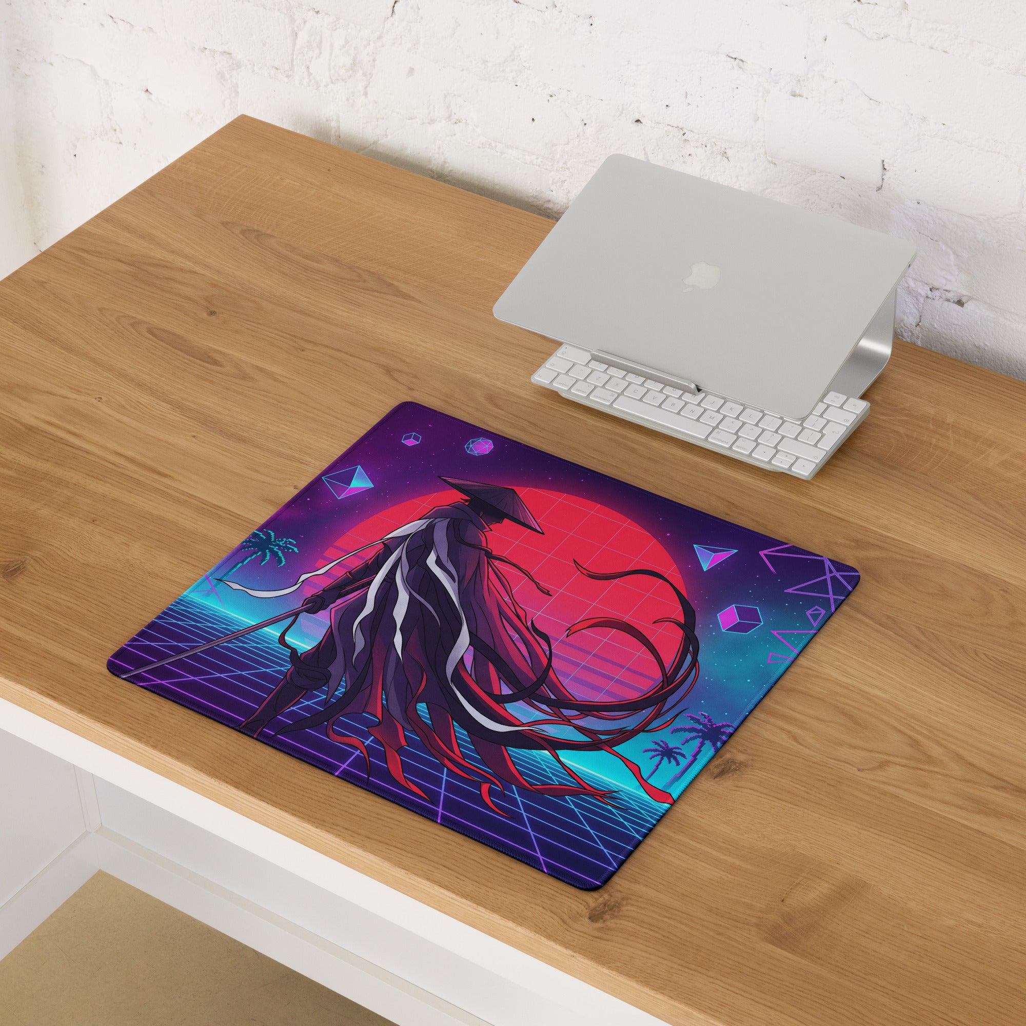 Vaporwave neon samurai mouse pad with dark figure red black hair neon pink sun palm trees glossy surface