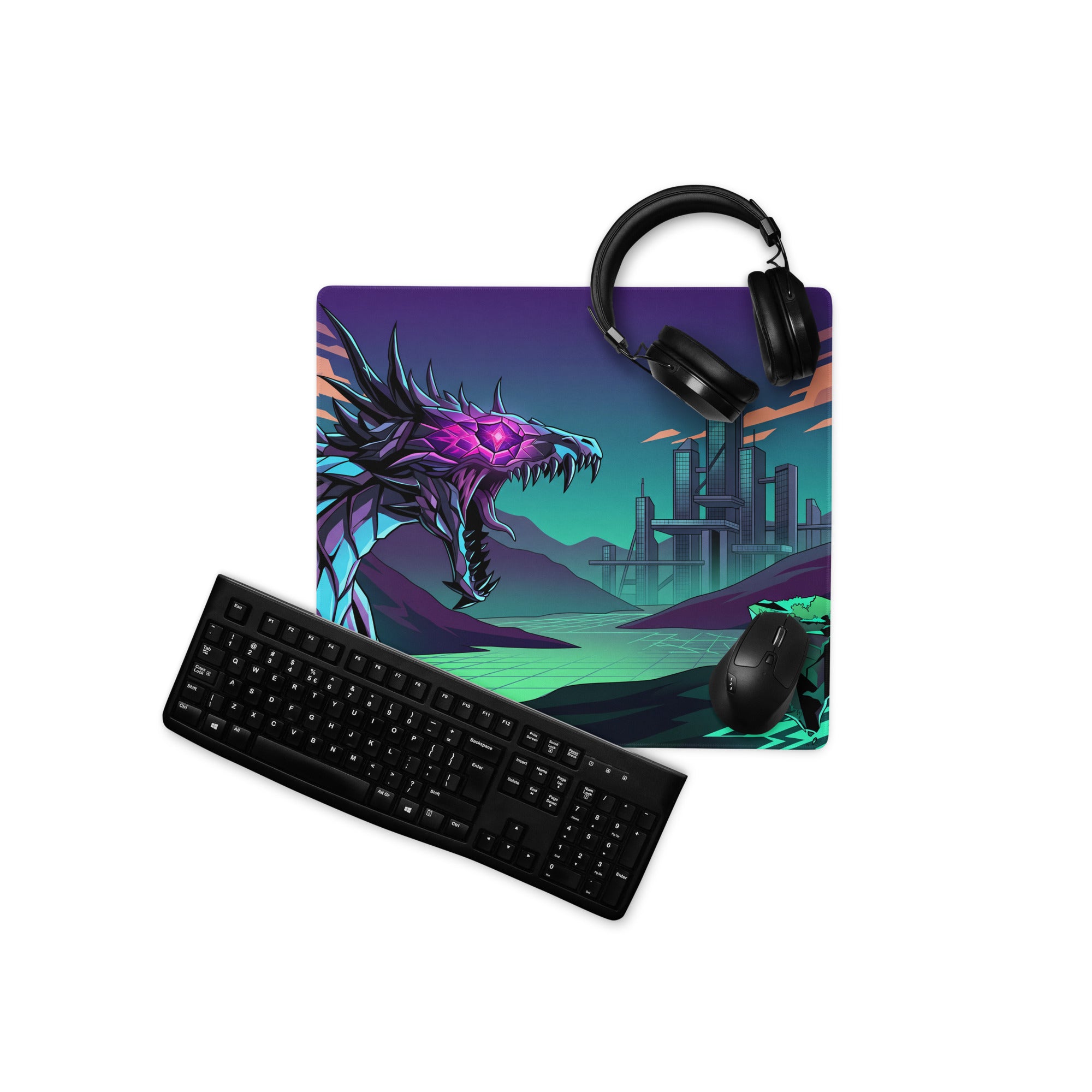 Neon dragon vaporwave mouse pad featuring vibrant purple and teal dragon design with futuristic cityscape for gaming desk use