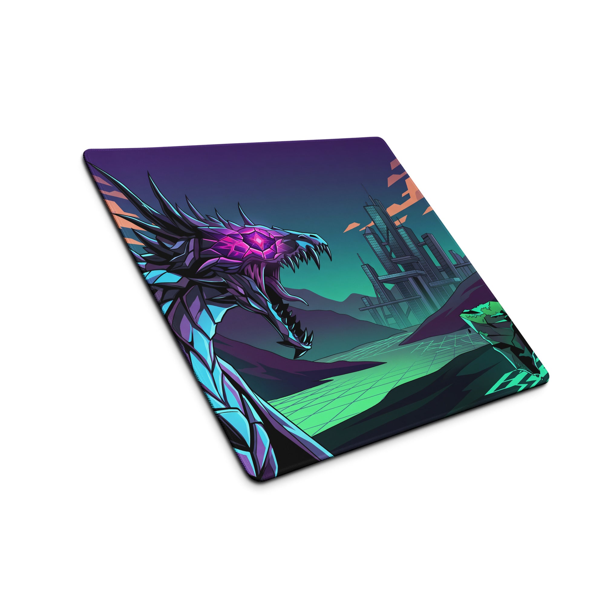 Neon dragon vaporwave gaming mousepad with vibrant purple and teal roaring dragon over futuristic cityscape design