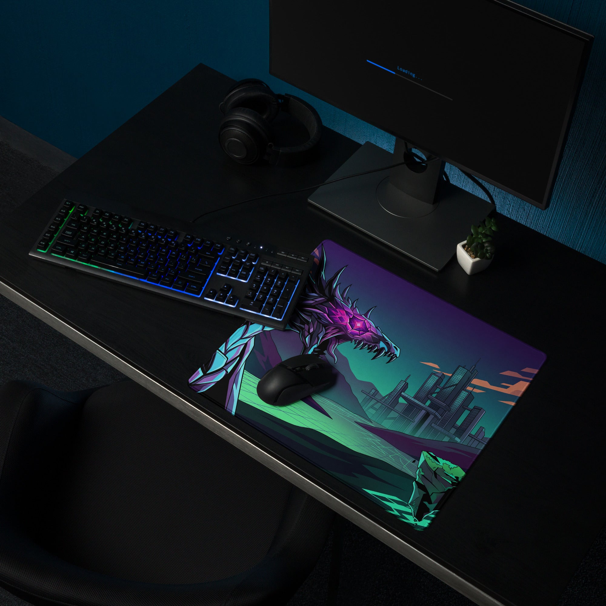 A vibrant neon dragon vaporwave gaming mouse pad with purple and teal dragon illustration on a futuristic cityscape