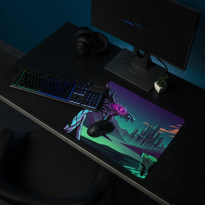 A vibrant neon dragon vaporwave gaming mouse pad with purple and teal dragon illustration on a futuristic cityscape