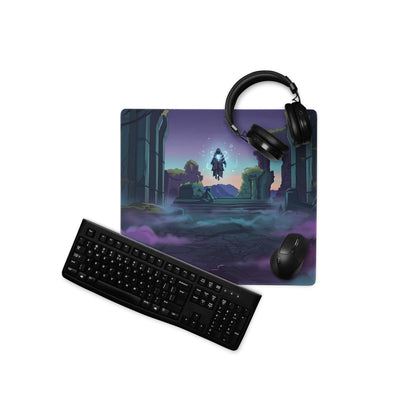 Purple and blue neon ruins vaporwave mouse pad with glowing hooded figure and black headphones on ancient ruin desk setup
