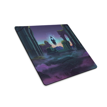 Purple and teal neon ruins vaporwave gaming mouse pad with hooded figure, ancient ruins, and misty clouds design