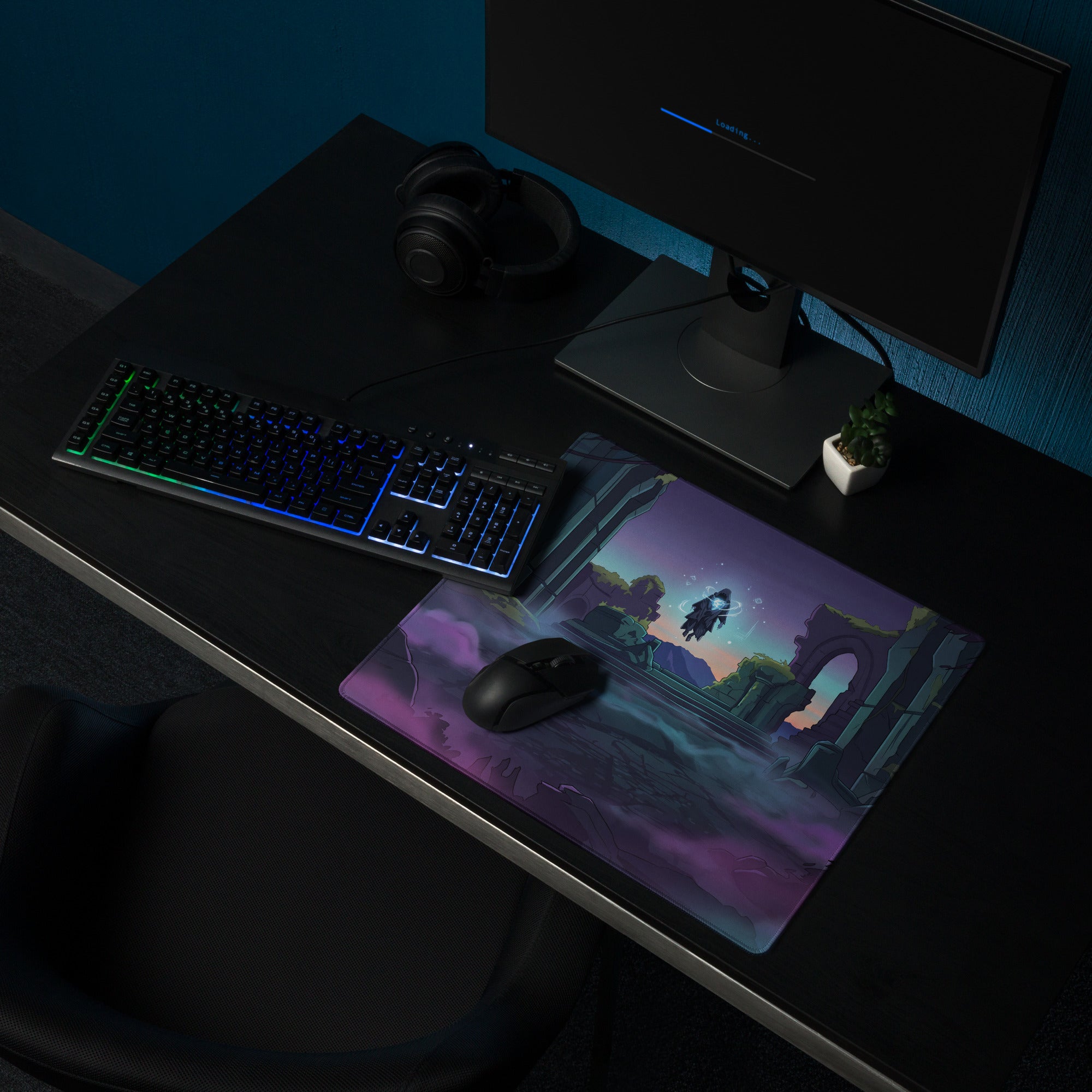Purple and blue vaporwave gaming mousepad with fantasy ruins stars and hooded figure for desk setup and non-slip use