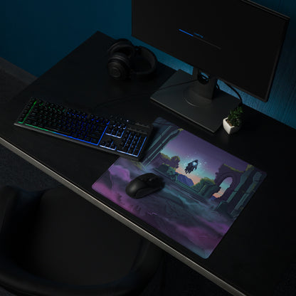 Purple and blue vaporwave gaming mousepad with fantasy ruins stars and hooded figure for desk setup and non-slip use