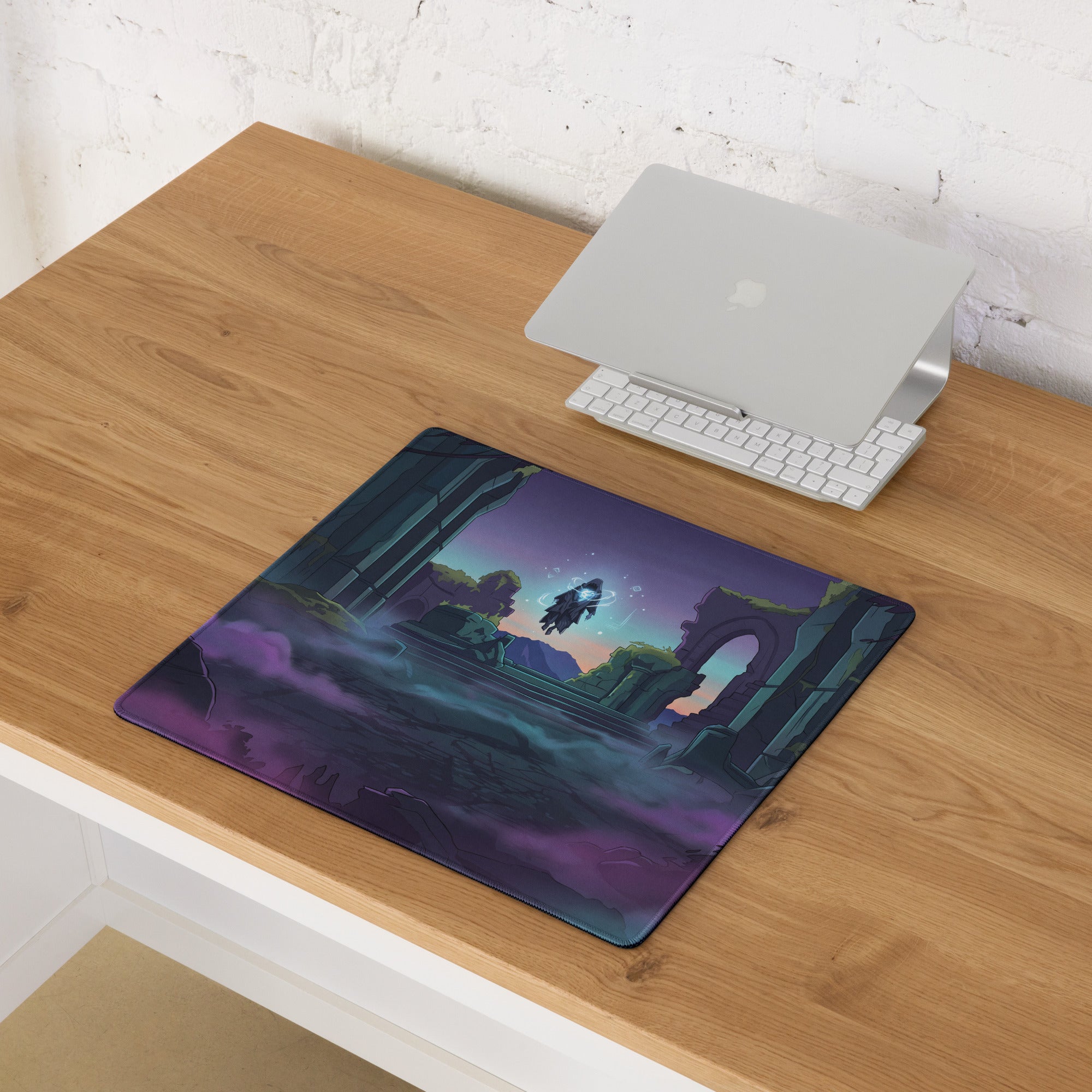 Neon ruins vaporwave gaming mouse pad with purple and teal futuristic ruins clouds and flying creatures design