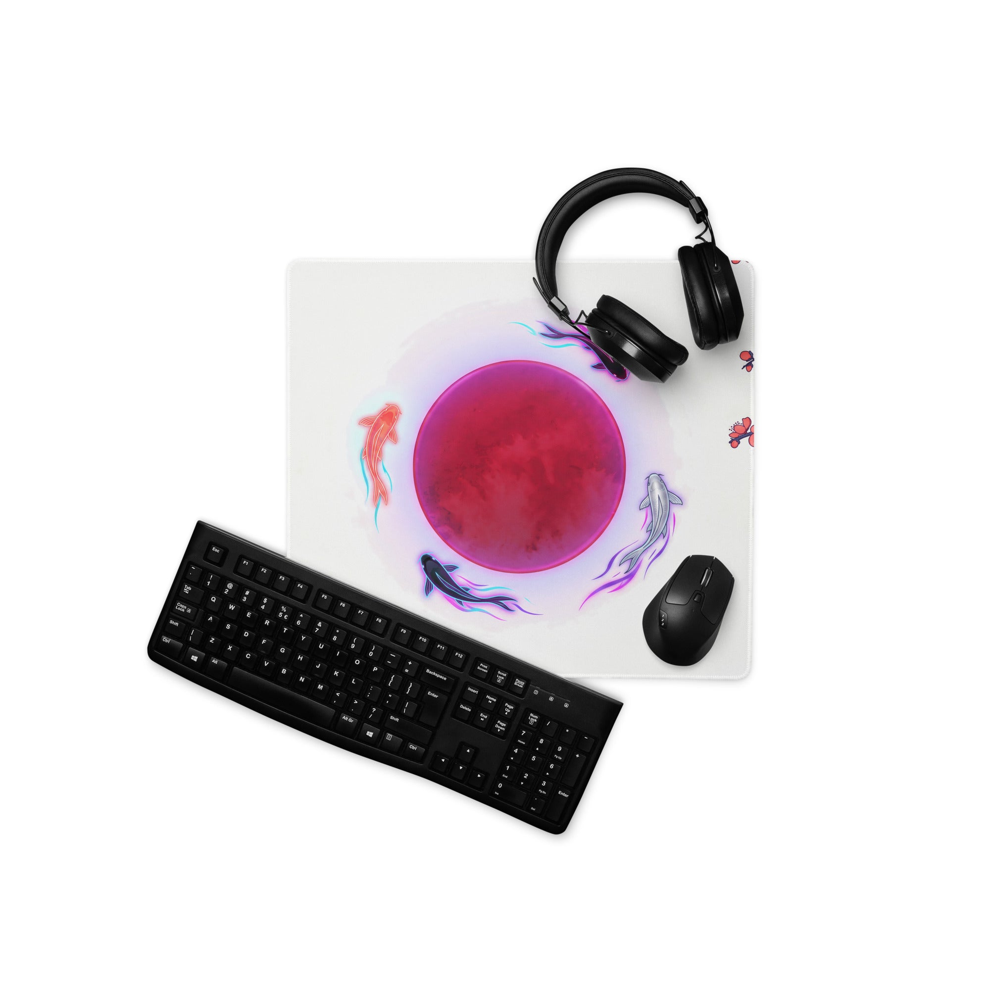 White mousepad with vibrant pink circular design featuring stylized koi fish for retro gaming and vaporwave desk use