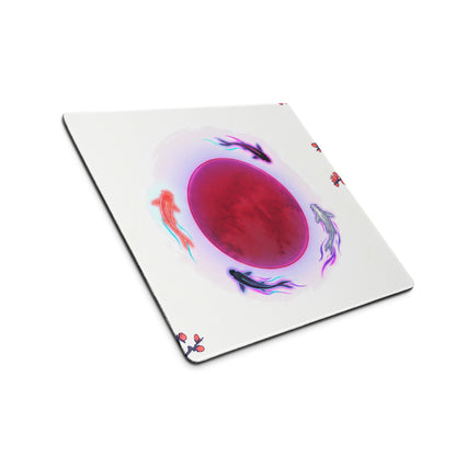 White rectangular vaporwave neon koi mouse pad with vibrant red circle and stylized orange black purple koi fish design