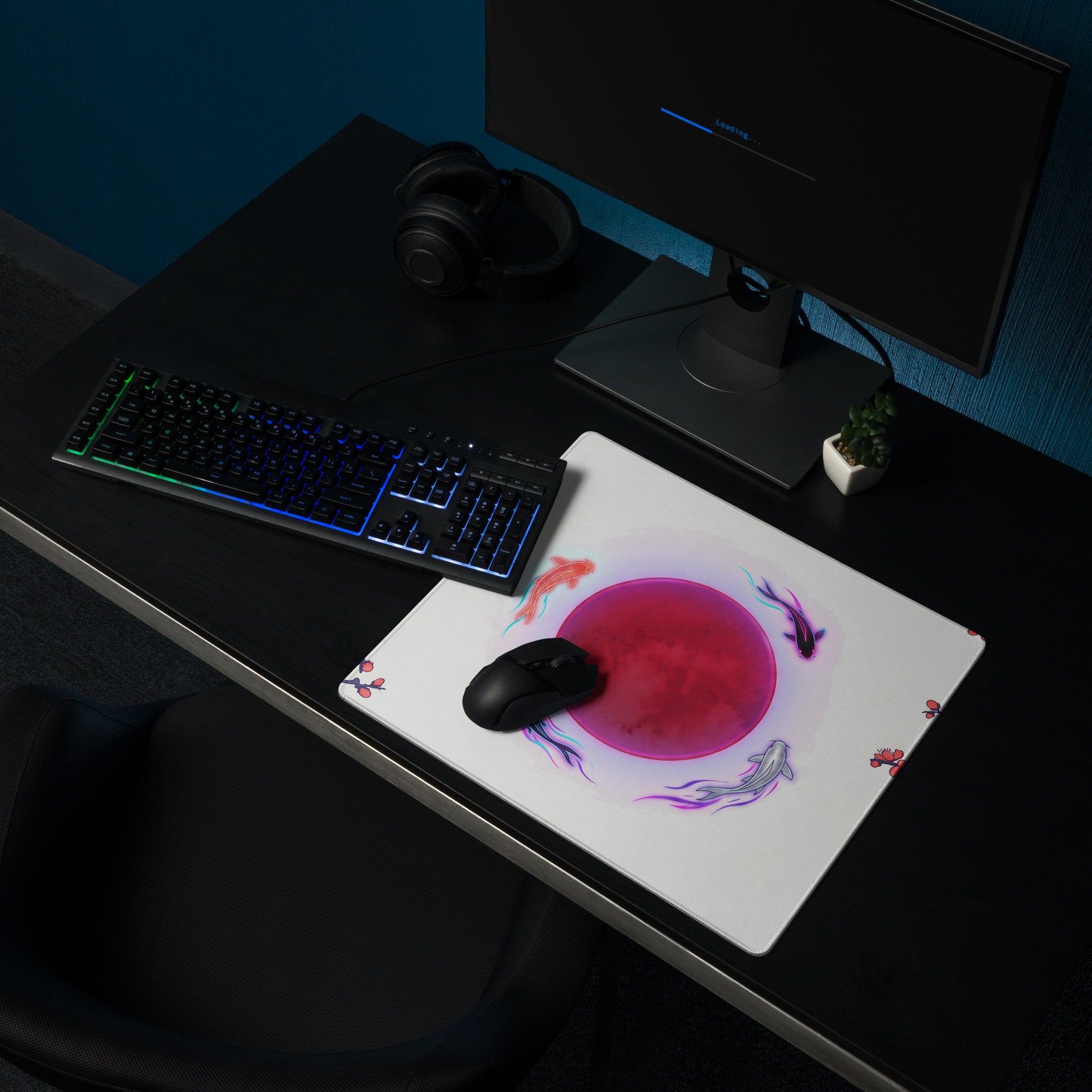 White mousepad with vibrant pink circular vaporwave koi design featuring stylized fish and cherry blossoms for gaming