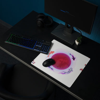 White mousepad with vibrant pink circular vaporwave koi design featuring stylized fish and cherry blossoms for gaming