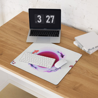White mousepad with a vibrant pink and purple neon koi circular design for retro gaming and desk use