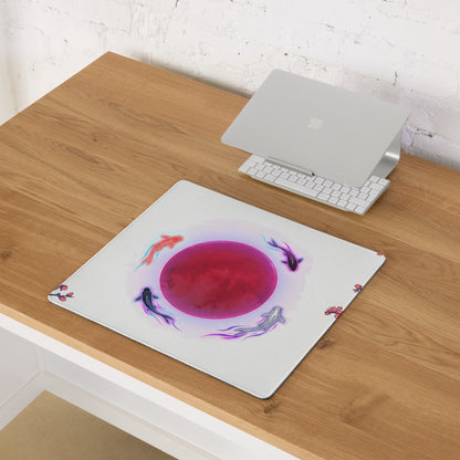 White mousepad with vibrant pink circular design and koi fish in orange black and silver for vaporwave gaming desk