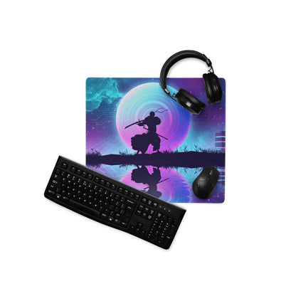 Nebula-themed vaporwave neon gaming mouse pad with silhouette of samurai on horseback and cosmic circuit design