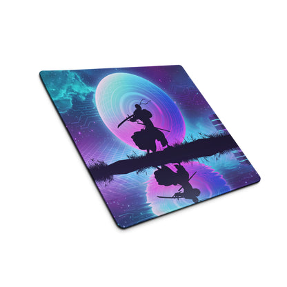 A rectangular vaporwave neon gaming mousepad with vibrant purple teal cosmic samurai silhouettes for gaming desks