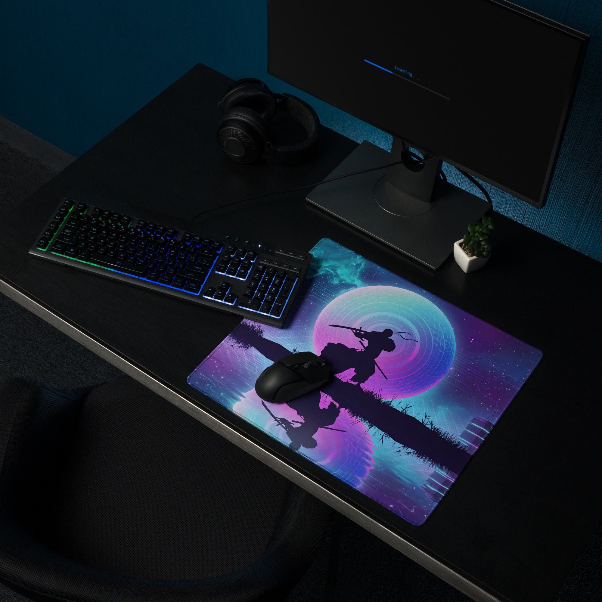 Vibrant purple teal vaporwave neon gaming mouse pad with galaxy theme and samurai silhouette on glowing backdrop