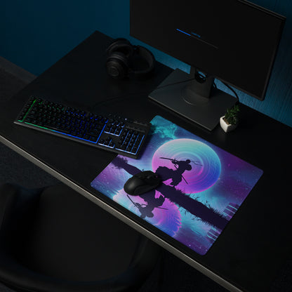 Vibrant purple teal vaporwave neon gaming mouse pad with galaxy theme and samurai silhouette on glowing backdrop