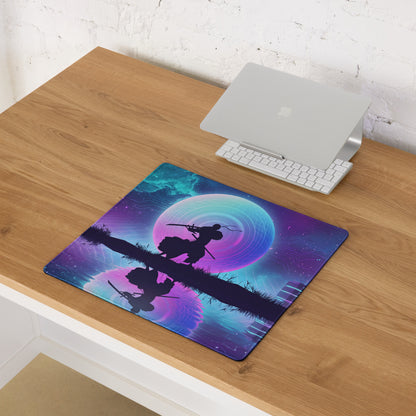 Vibrant vaporwave neon gaming mouse pad with silhouetted samurai on purple teal cosmic nebula for gaming desk use