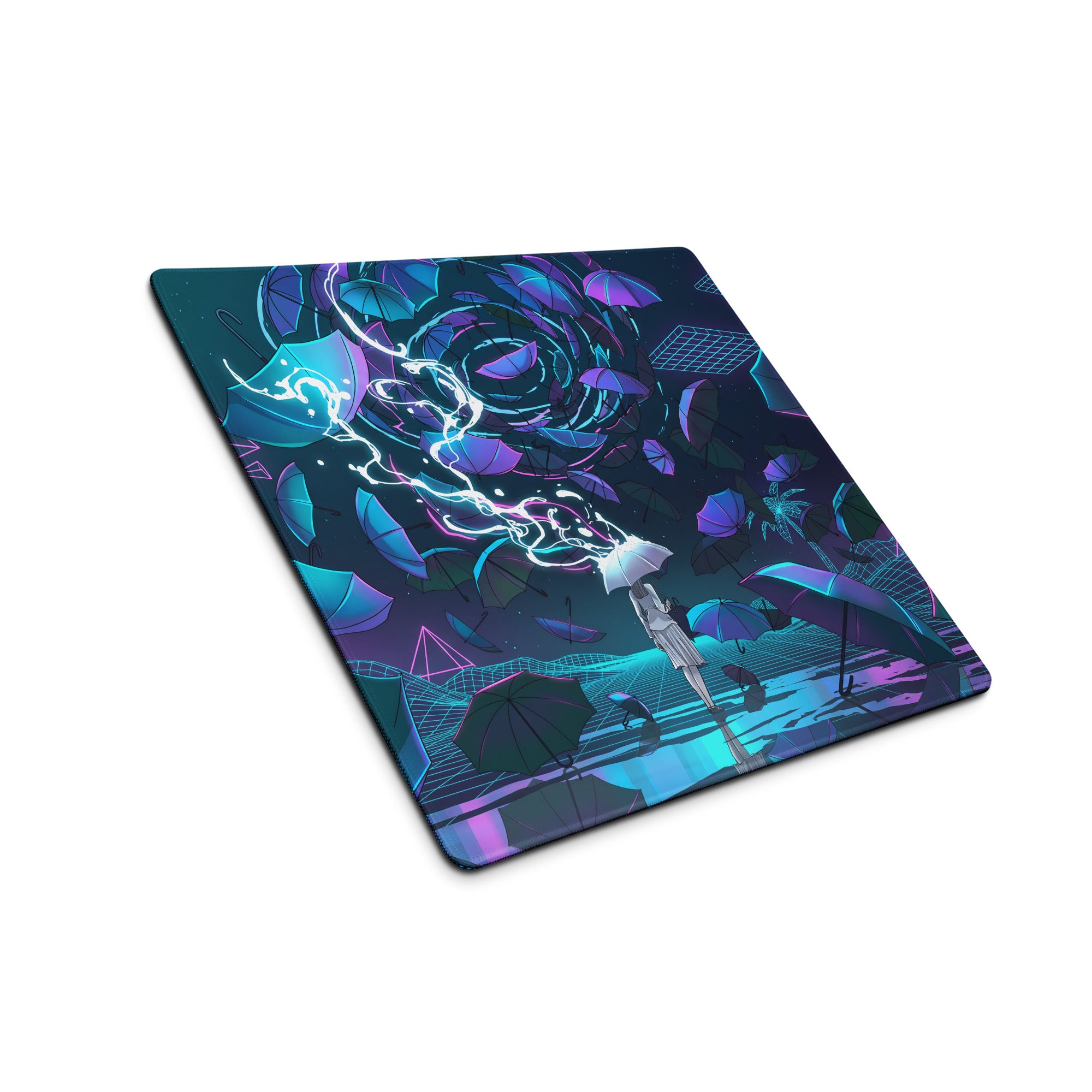 Neon-blue and purple umbrella-themed gaming mousepad with vaporwave cyberpunk design for desktop use