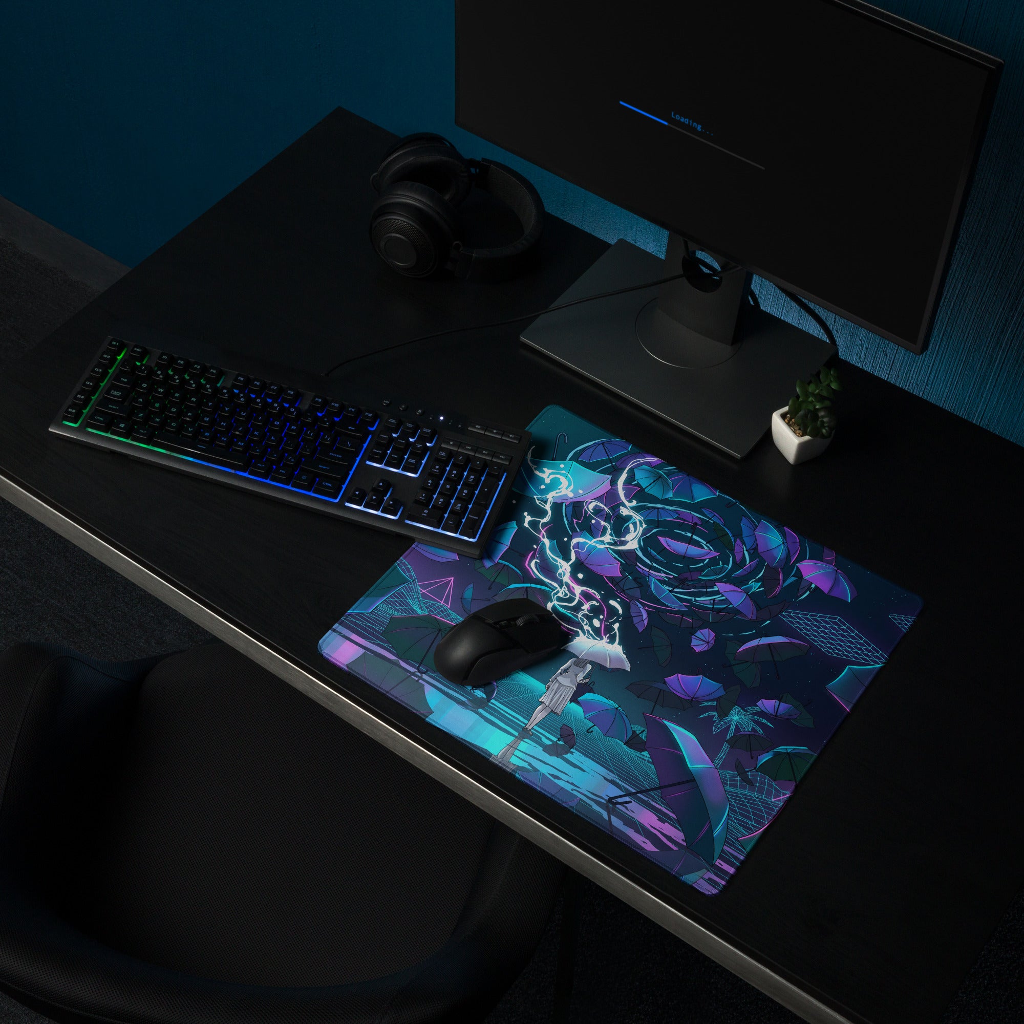 Vaporwave neon umbrella desktop pad featuring a stylized anime character with blue and purple glowing energy effects
