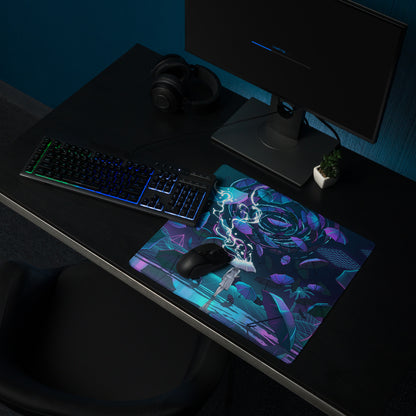 Vaporwave neon umbrella desktop pad featuring a stylized anime character with blue and purple glowing energy effects