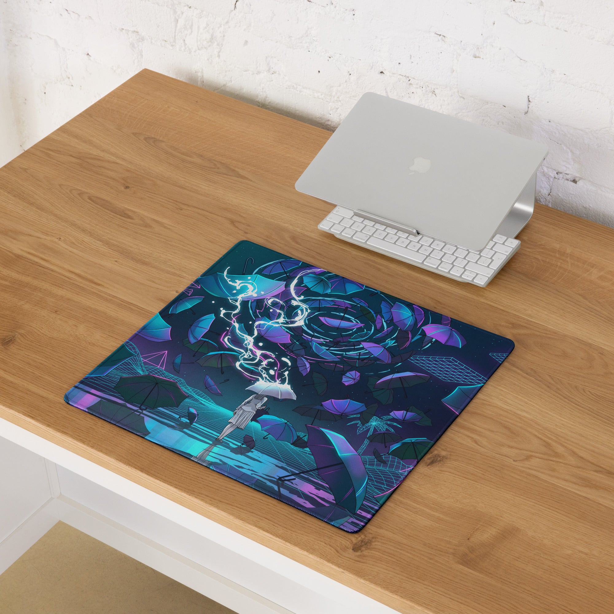 A rectangular vaporwave neon umbrella desktop pad with a vibrant surreal blue and pink umbrella scene on dark background