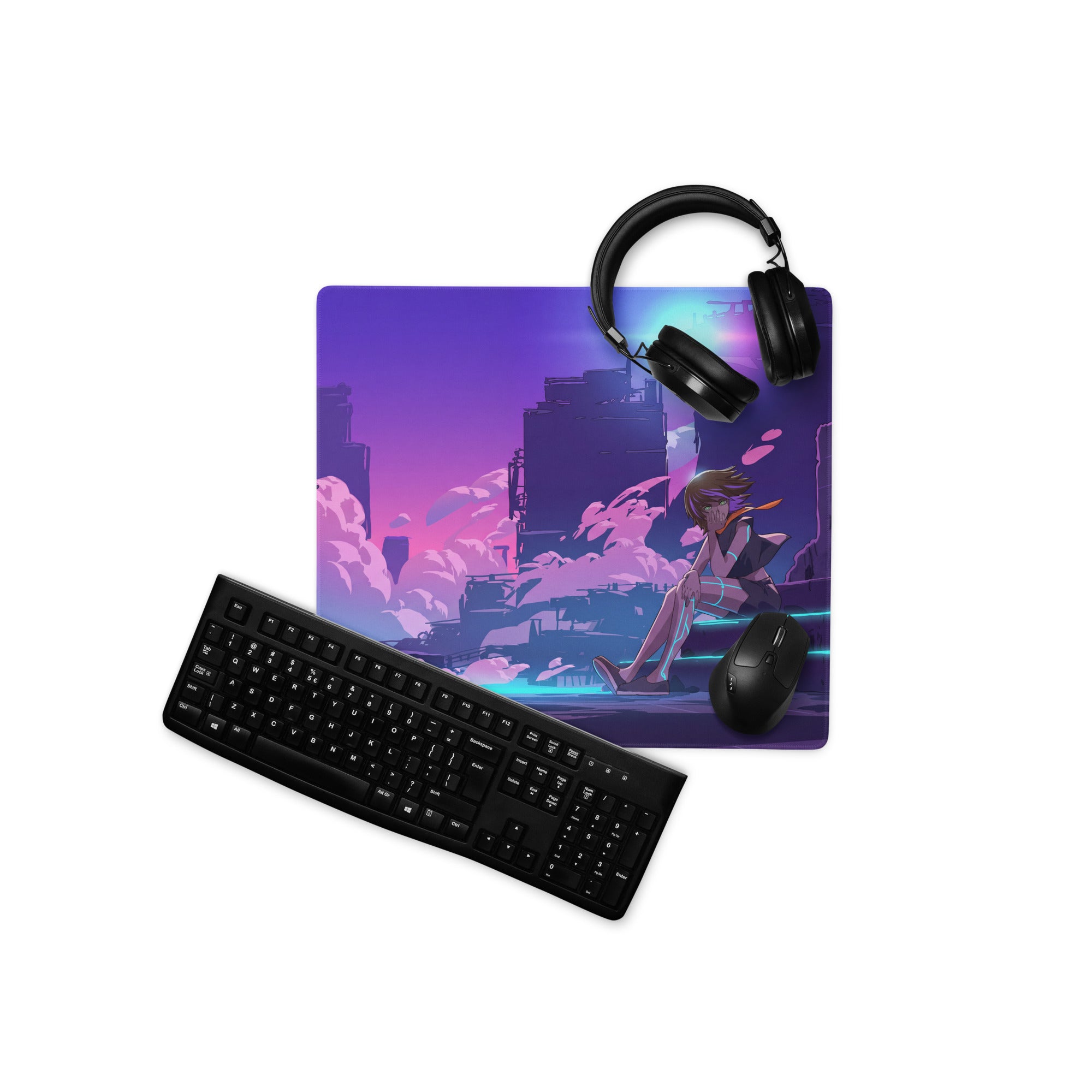 Purple and pink neon-lit anime gaming mousepad with futuristic cityscape design for vaporwave cyberpunk desk setup