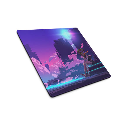 Navy blue rectangular mousepad featuring a vibrant anime character and futuristic city under a purple pink neon sky
