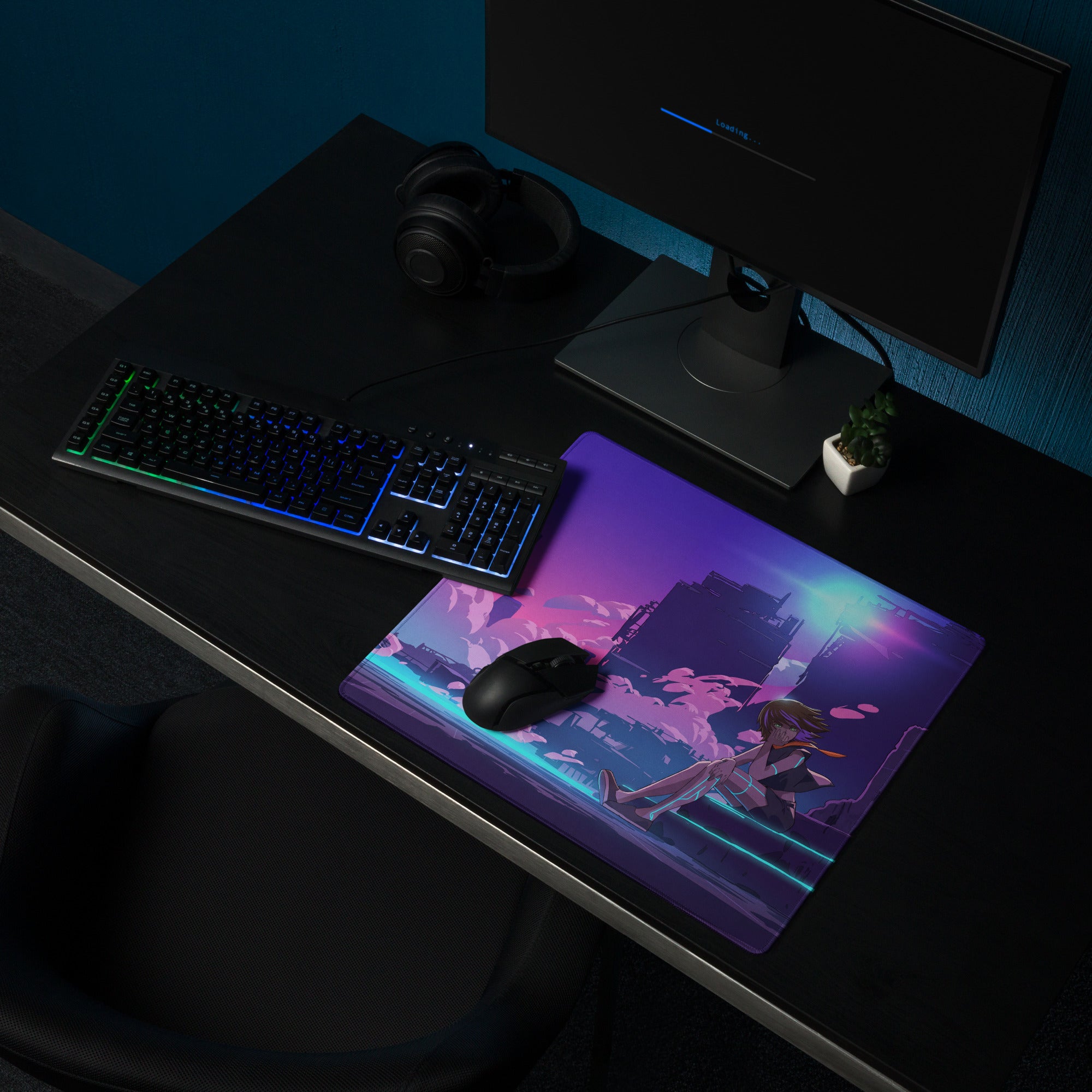 Purple and pink neon-lit anime gaming mousepad with futuristic cityscape and glowing blue lines for vaporwave desk setup