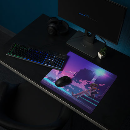 Purple and pink neon-lit anime gaming mousepad with futuristic cityscape and glowing blue lines for vaporwave desk setup