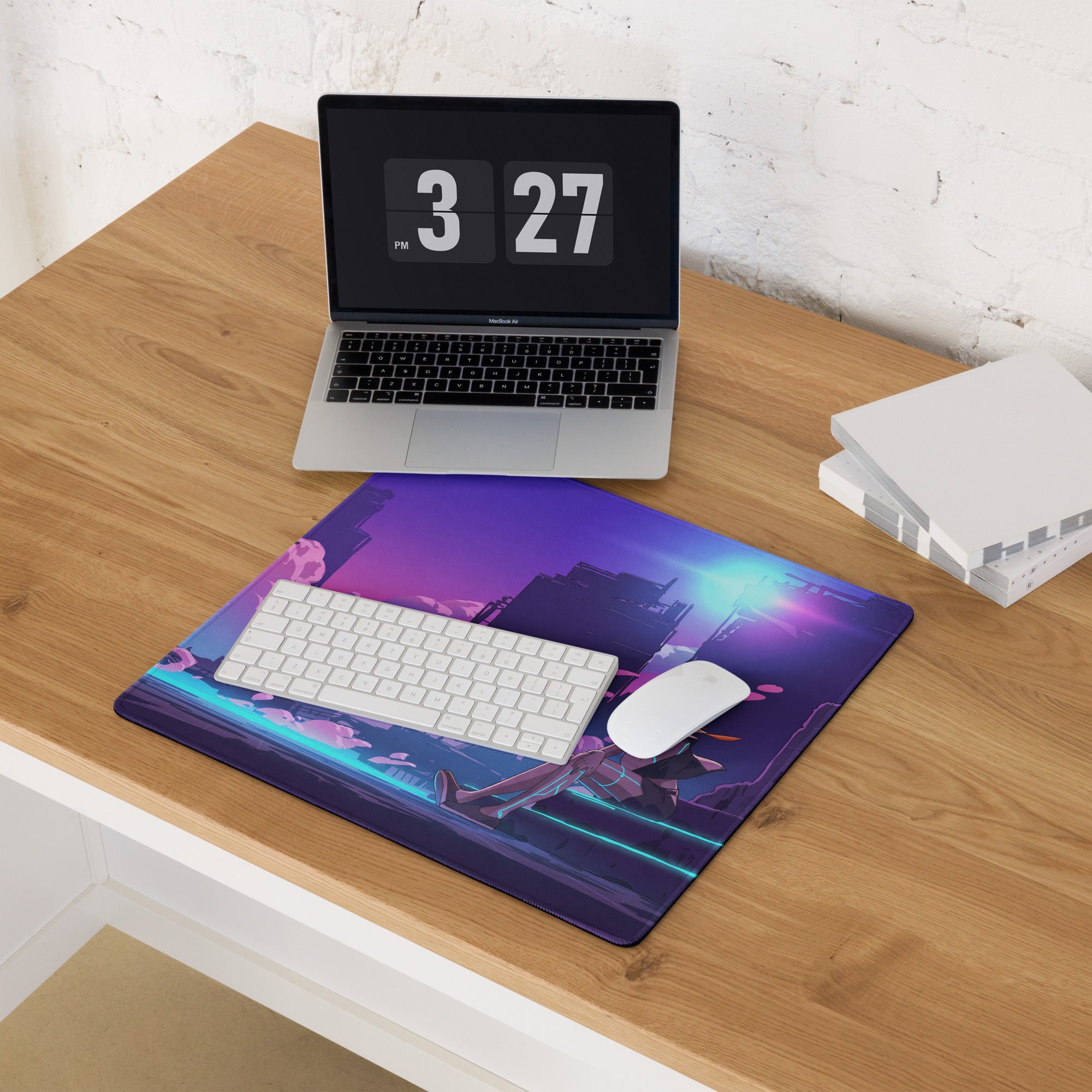Purple and blue neon-themed anime-style gaming mouse pad with futuristic cityscape design for cyberpunk desk setup