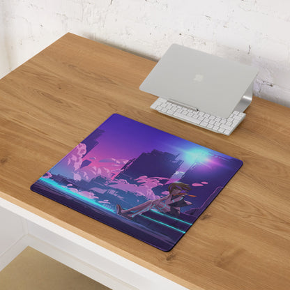 Purple and pink neon vaporwave mouse pad featuring anime cityscape and character lounging on glowing cyberpunk lines