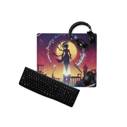 Vibrant purple and orange vaporwave sunset neon gaming mouse pad featuring a warrior silhouette with glowing sun backdrop