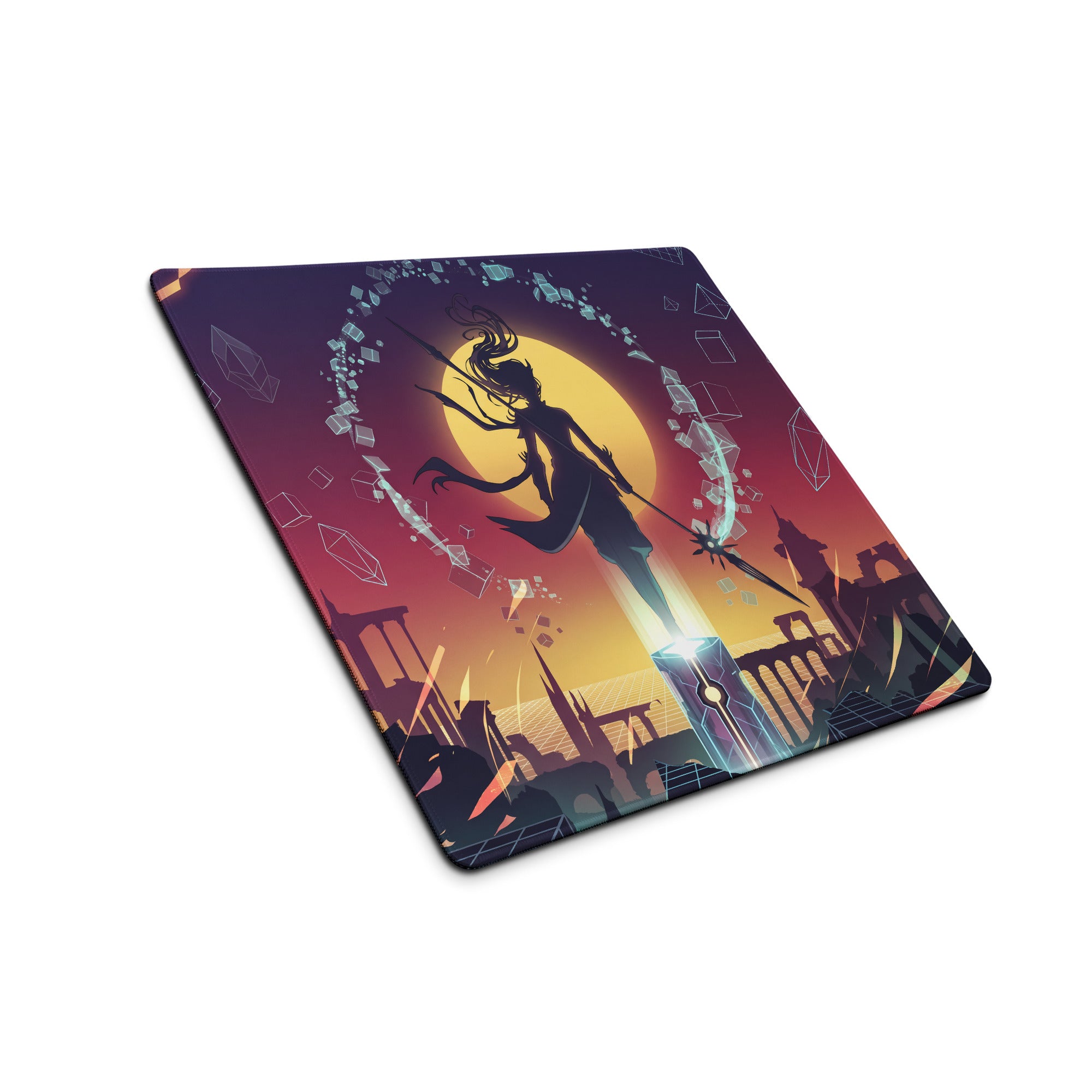 Vaporwave sunset neon mouse pad with vibrant purple pink yellow anime warrior design on non slip gaming surface