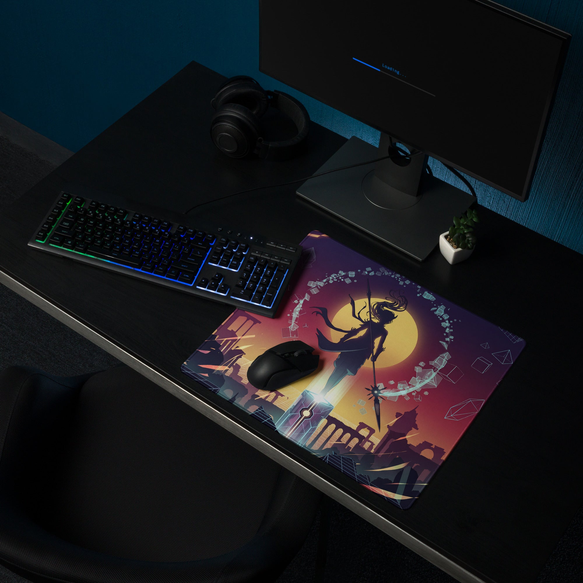 Vaporwave sunset neon gaming mouse pad with vibrant fantasy warrior silhouette and geometric city ruins in purple pink yellow