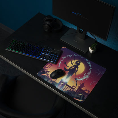 Vaporwave sunset neon gaming mouse pad with vibrant fantasy warrior silhouette and geometric city ruins in purple pink yellow