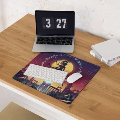 Vaporwave sunset neon mouse pad featuring a vibrant anime-themed silhouette with geometric patterns in purple pink yellow
