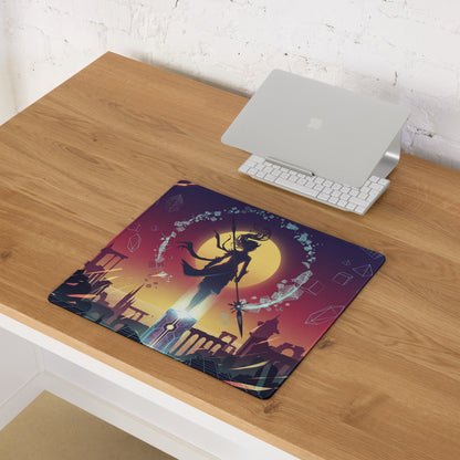 Rectangular vaporwave sunset neon mouse pad with vibrant purple pink yellow gradient and fantasy warrior silhouette on smooth surface