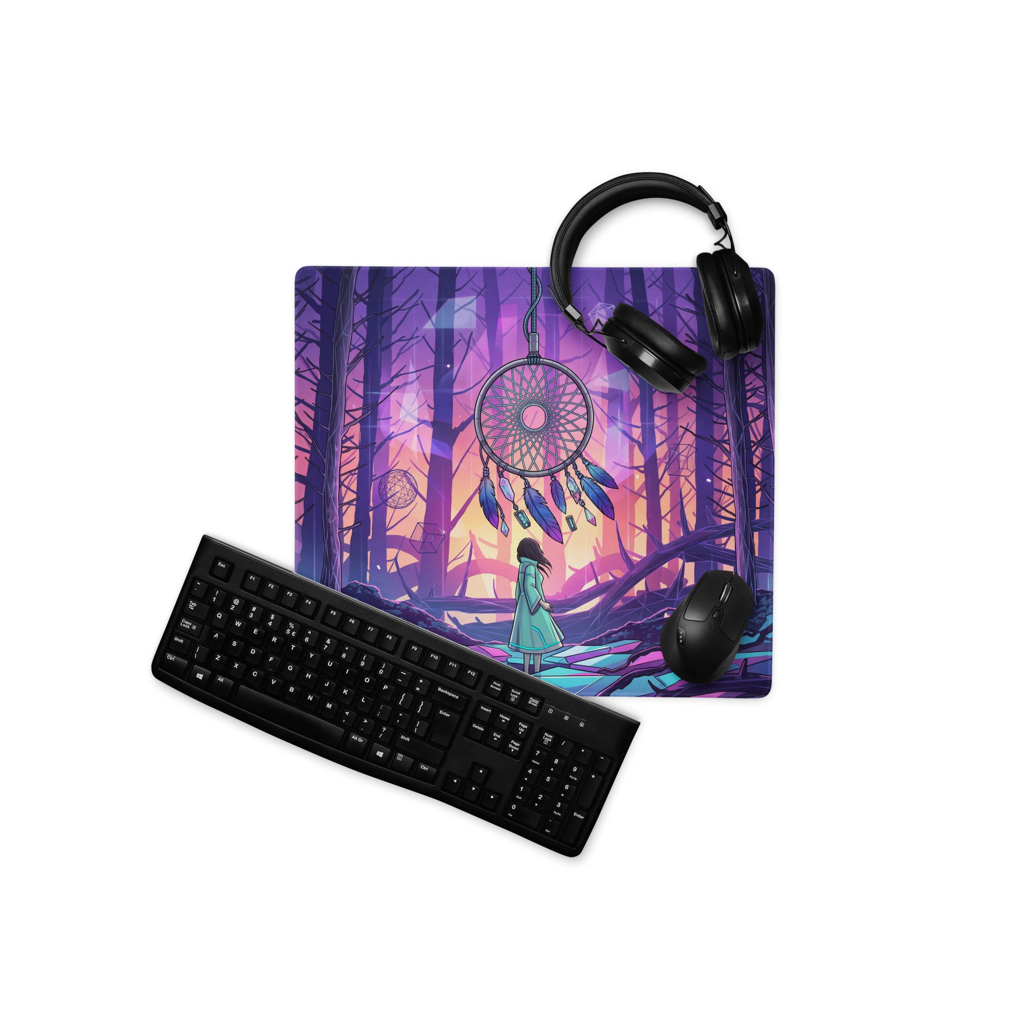 Dreamscape vaporwave mouse pad with purple pink gradient dreamcatcher design and girl in teal dress in neon forest