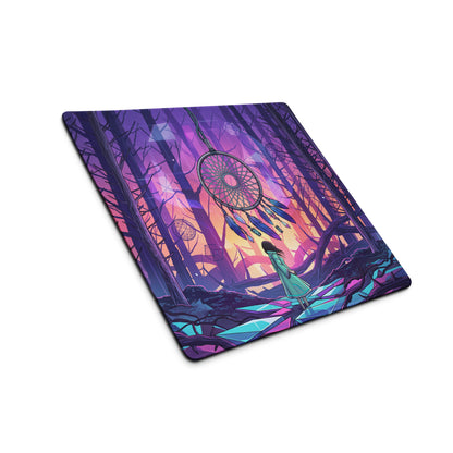 Rectangular vaporwave mouse pad with vibrant dreamcatcher in purple pink neon forest for digital art use
