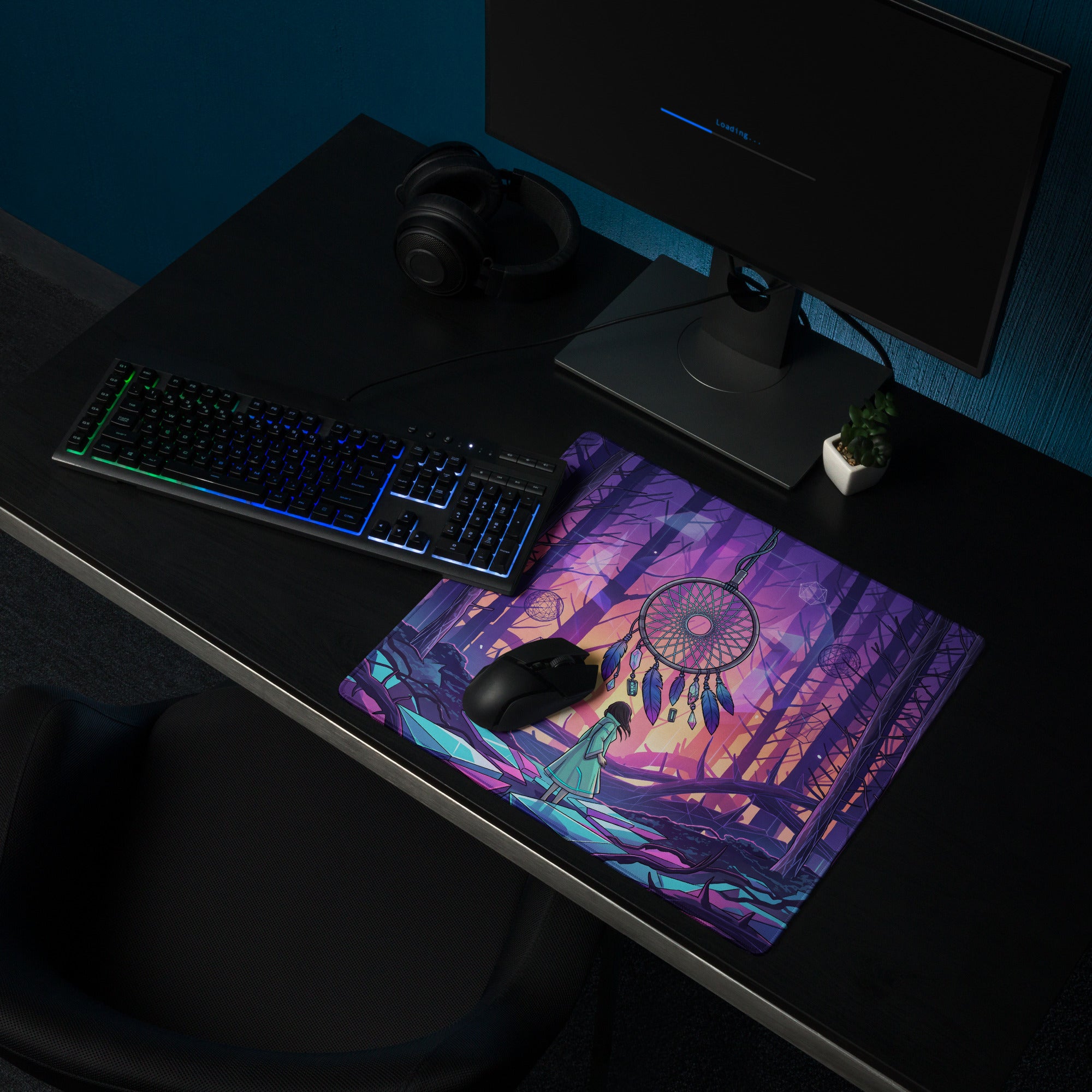 Vibrant purple and pink vaporwave gaming mousepad featuring dreamcatcher and neon forest digital art design