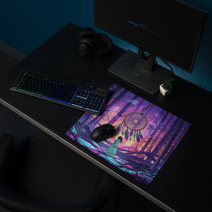 Vibrant purple and pink vaporwave gaming mousepad featuring dreamcatcher and neon forest digital art design