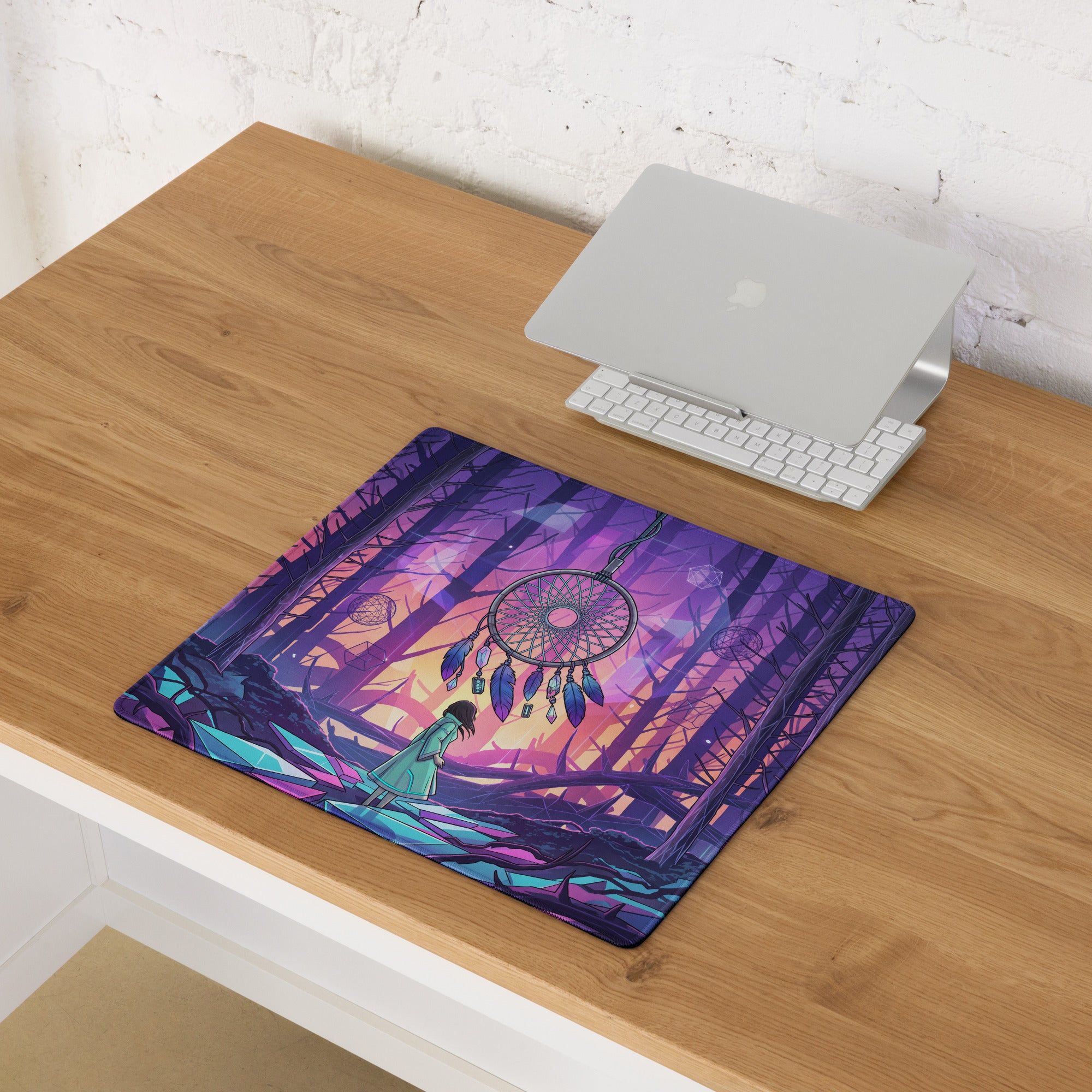 Dreamscape vaporwave mouse pad with purple and teal dreamcatcher fantasy forest design for desktop use