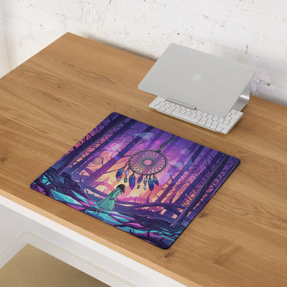 Dreamscape vaporwave mouse pad with purple and teal dreamcatcher fantasy forest design for desktop use