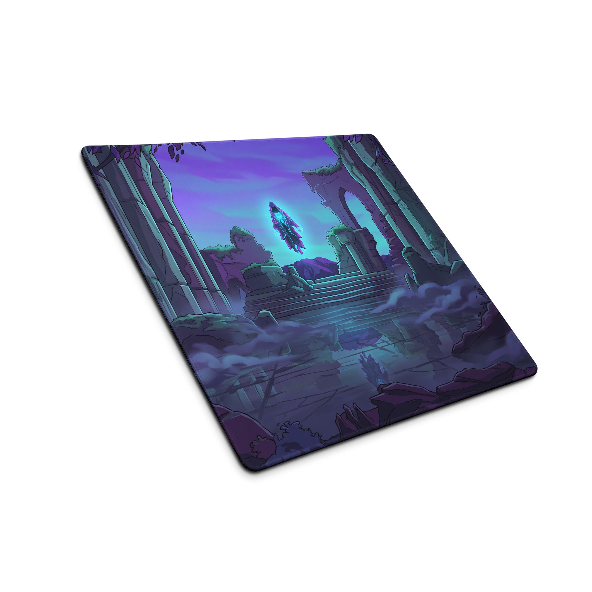 Purple and teal neon vaporwave odyssey gaming mouse pad with fantasy ruins and glowing blue wings design