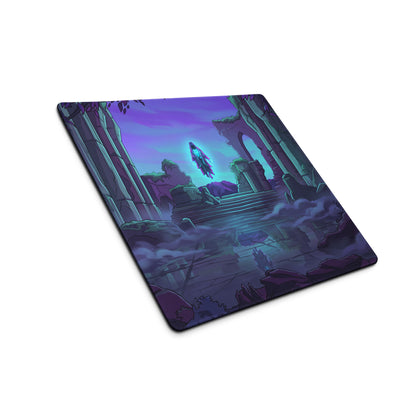 Purple and teal neon vaporwave odyssey gaming mouse pad with fantasy ruins and glowing blue wings design