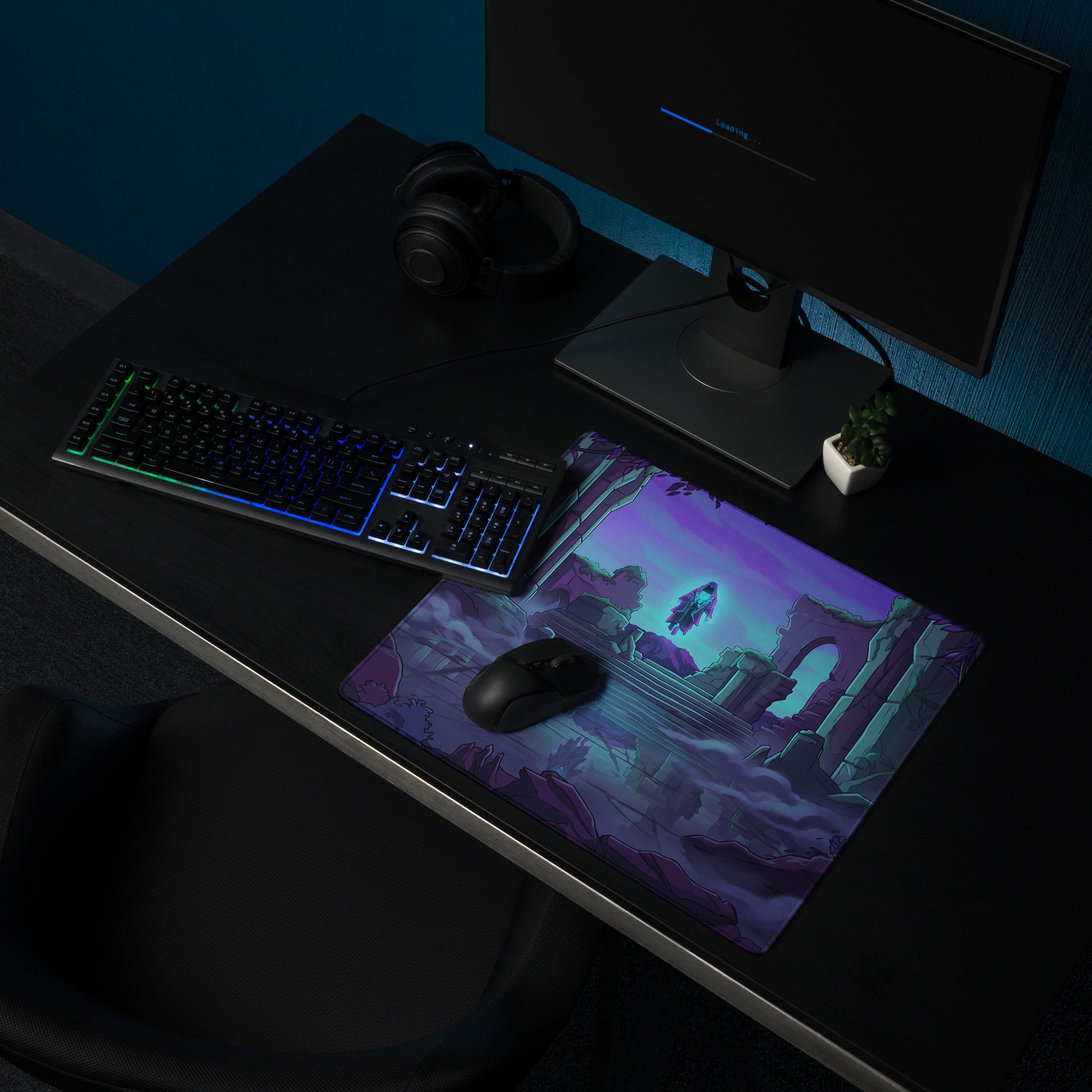 Neon vaporwave odyssey gaming mouse pad in purple and teal with detailed ruins illustration under glowing sky